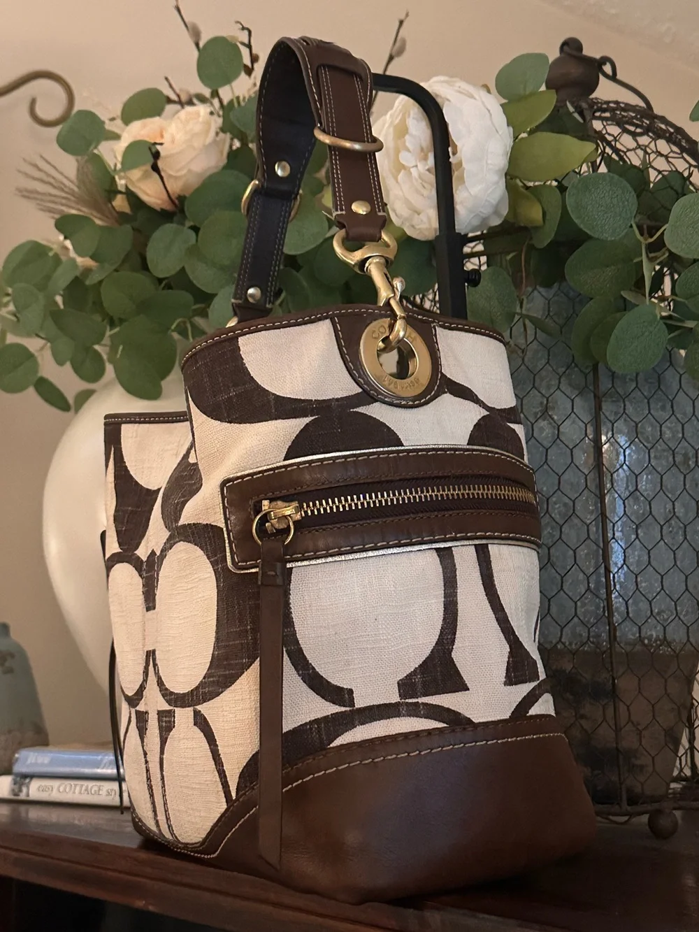 VINTAGE Y2K Coach Carly Hobo Bag – Rare Giant C Brown & Cream Linen #7473